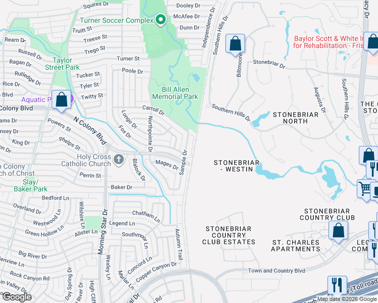 map of restaurants, bars, coffee shops, grocery stores, and more near 7124 Sample Drive in The Colony