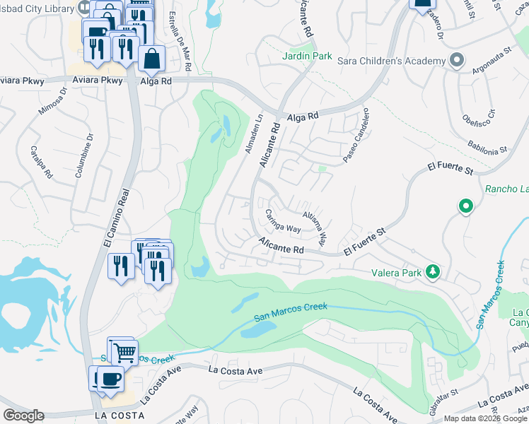 map of restaurants, bars, coffee shops, grocery stores, and more near 2327 Caringa Way in Carlsbad