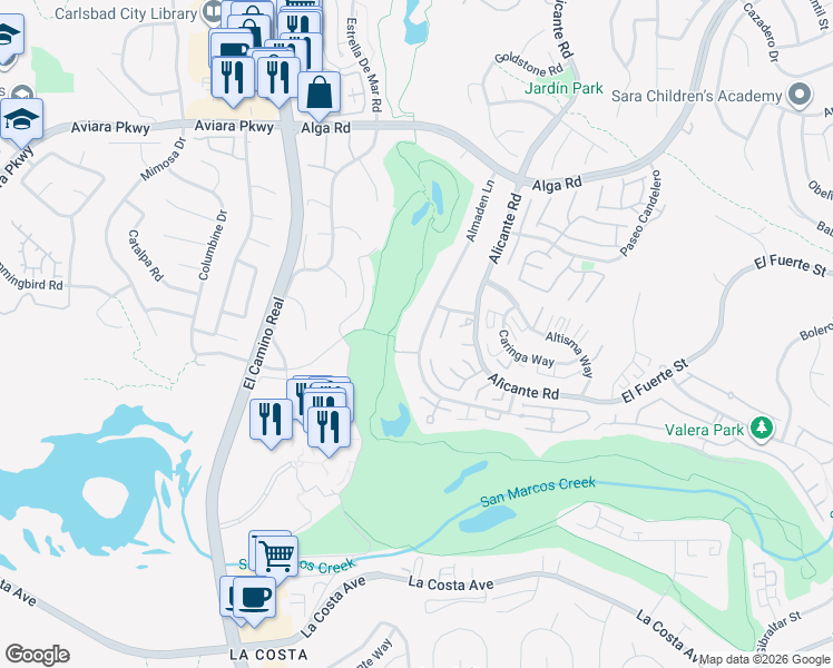 map of restaurants, bars, coffee shops, grocery stores, and more near 7213 Almaden Lane in Carlsbad