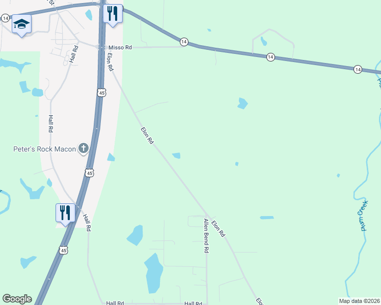 map of restaurants, bars, coffee shops, grocery stores, and more near 8102 Elon Road in Macon