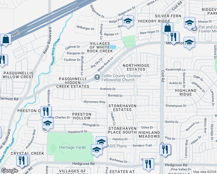 map of restaurants, bars, coffee shops, grocery stores, and more near 4445 Avebury Drive in Plano