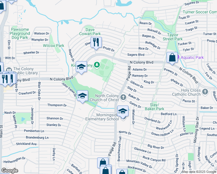map of restaurants, bars, coffee shops, grocery stores, and more near 5200 Baker Drive in The Colony