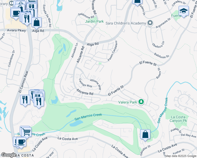 map of restaurants, bars, coffee shops, grocery stores, and more near 2376 Altisma Way in Carlsbad