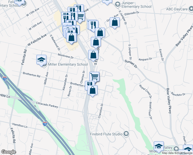 map of restaurants, bars, coffee shops, grocery stores, and more near 11 Larry Lane in Escondido