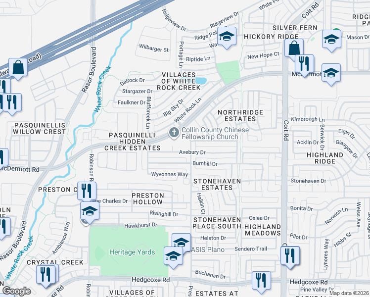 map of restaurants, bars, coffee shops, grocery stores, and more near 4501 Avebury Drive in Plano