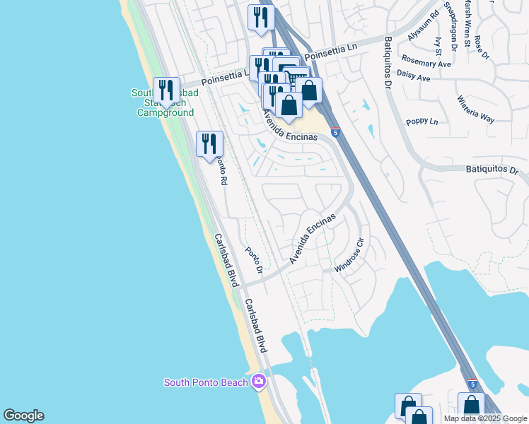 map of restaurants, bars, coffee shops, grocery stores, and more near 7332 Escallonia Court in Carlsbad