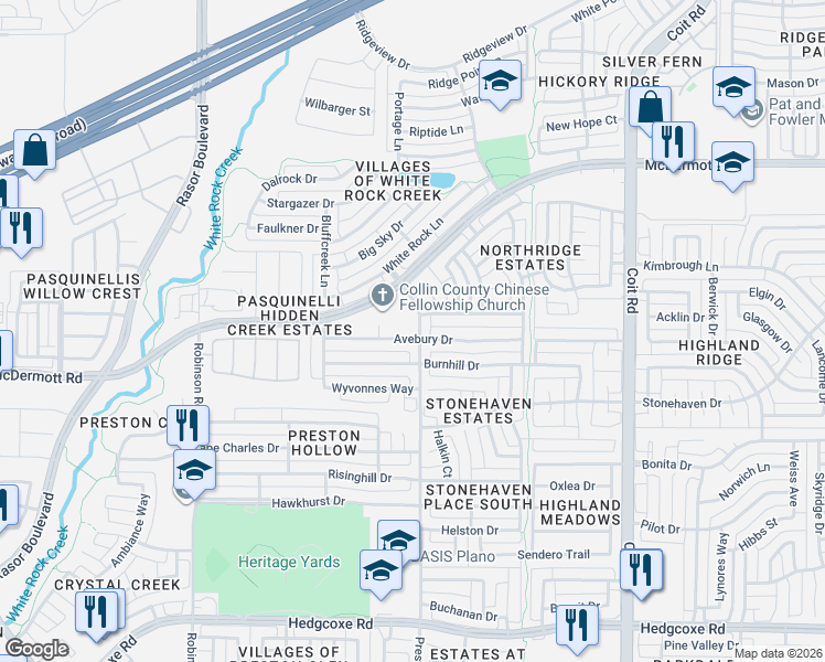 map of restaurants, bars, coffee shops, grocery stores, and more near 4501 Avebury Drive in Plano