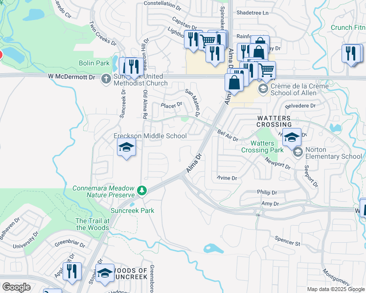 map of restaurants, bars, coffee shops, grocery stores, and more near 1320 Lincoln Court in Allen