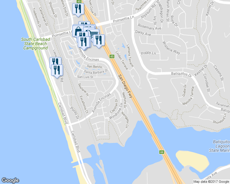map of restaurants, bars, coffee shops, grocery stores, and more near 7400 Capstan Drive in Carlsbad