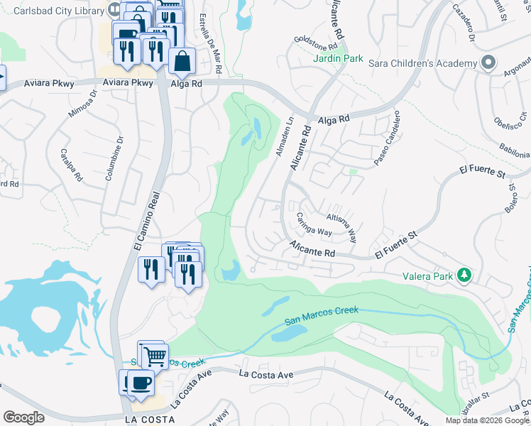 map of restaurants, bars, coffee shops, grocery stores, and more near 7241 Plaza De La Costa in Carlsbad