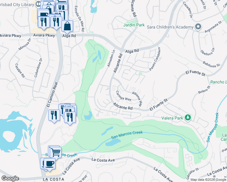 map of restaurants, bars, coffee shops, grocery stores, and more near 2319 Caringa Way in Carlsbad