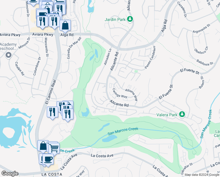 map of restaurants, bars, coffee shops, grocery stores, and more near 2323 Caringa Way in Carlsbad