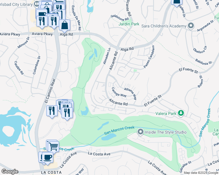 map of restaurants, bars, coffee shops, grocery stores, and more near 2319 Caringa Way in Carlsbad
