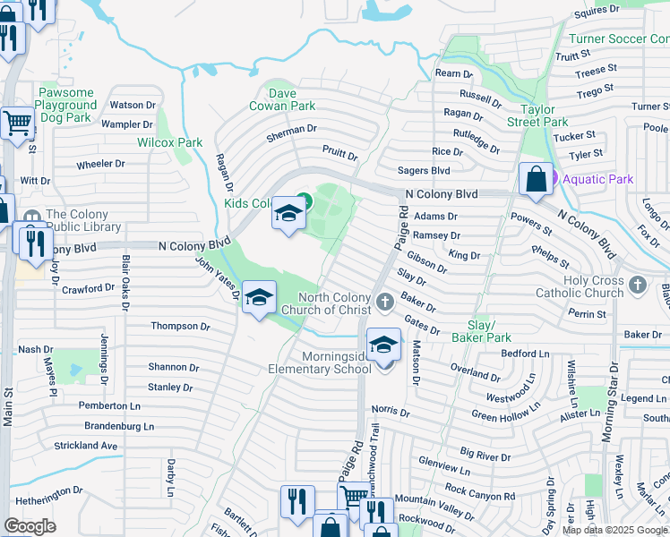 map of restaurants, bars, coffee shops, grocery stores, and more near 5200 Baker Drive in The Colony