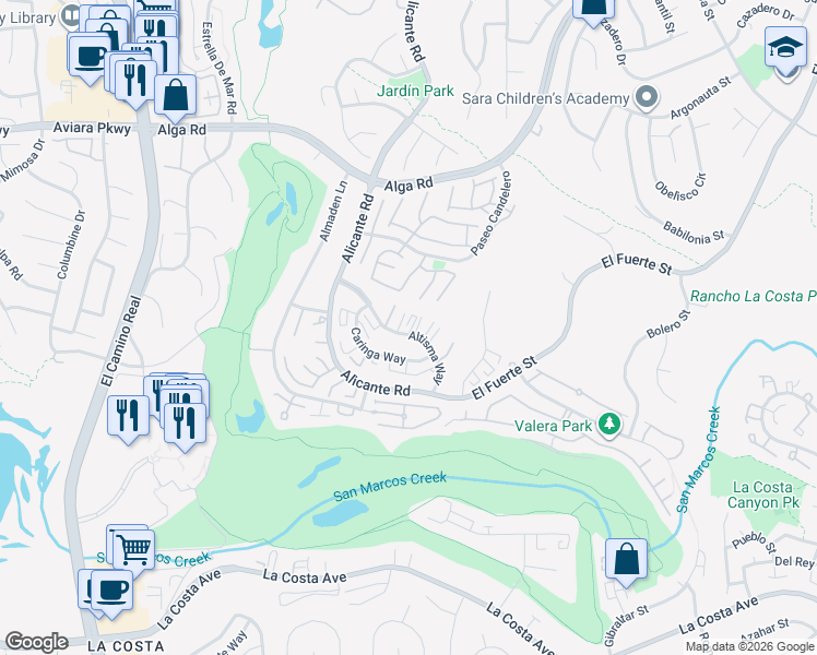 map of restaurants, bars, coffee shops, grocery stores, and more near 2308 Altisma Way in Carlsbad