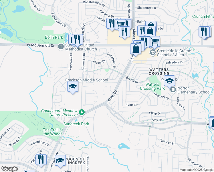 map of restaurants, bars, coffee shops, grocery stores, and more near 1318 Lincoln Court in Allen