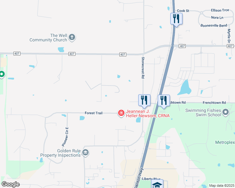 map of restaurants, bars, coffee shops, grocery stores, and more near 709 Robin Lane in Argyle