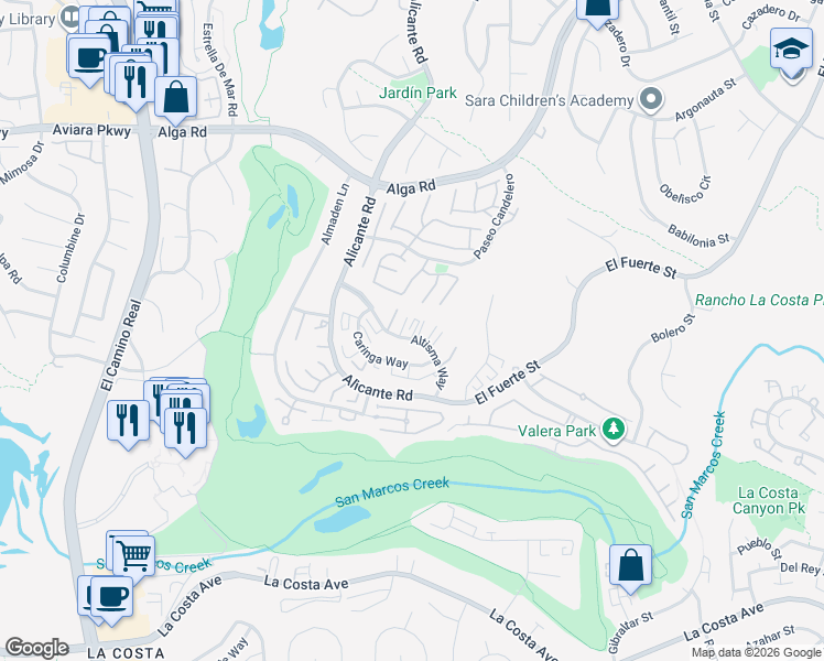 map of restaurants, bars, coffee shops, grocery stores, and more near 2308 Altisma Way in Carlsbad