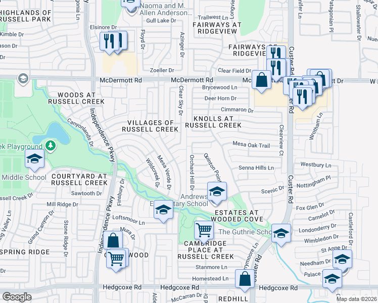 map of restaurants, bars, coffee shops, grocery stores, and more near 2600 Owl Creek Drive in Plano