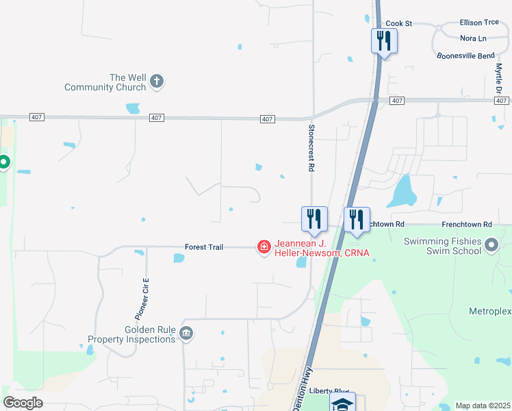 map of restaurants, bars, coffee shops, grocery stores, and more near 709 Robin Lane in Argyle