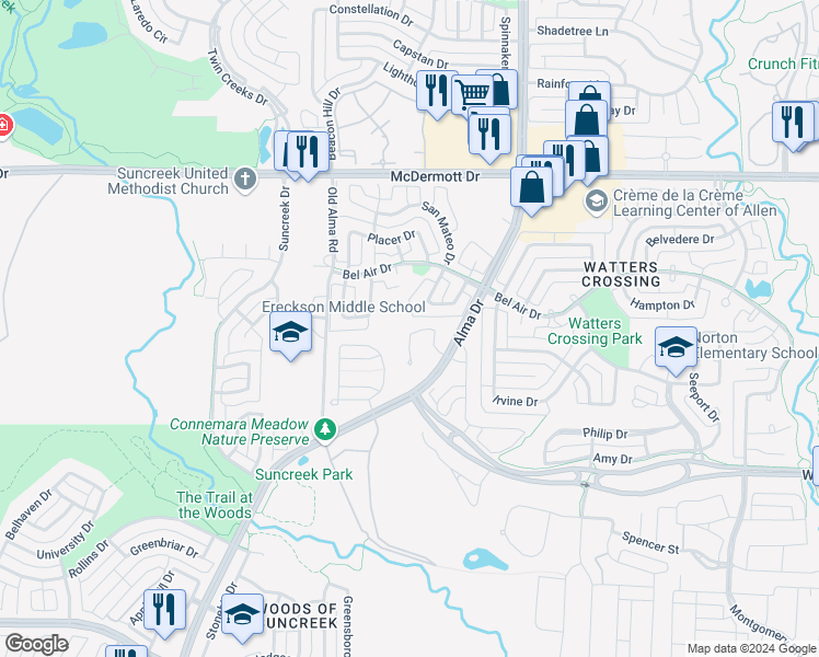 map of restaurants, bars, coffee shops, grocery stores, and more near 1320 Lincoln Court in Allen