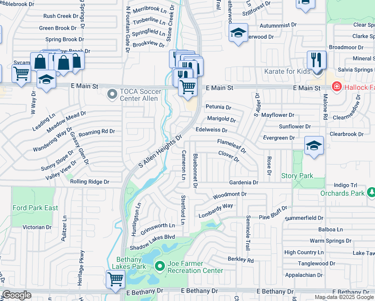 map of restaurants, bars, coffee shops, grocery stores, and more near 503 Cameron Lane in Allen