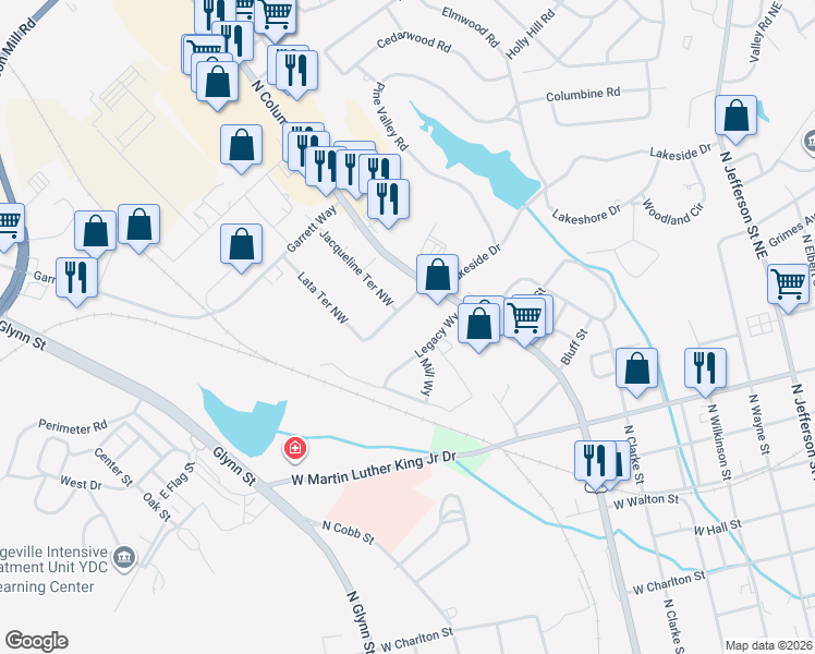 map of restaurants, bars, coffee shops, grocery stores, and more near 111 Russell Drive Northwest in Milledgeville