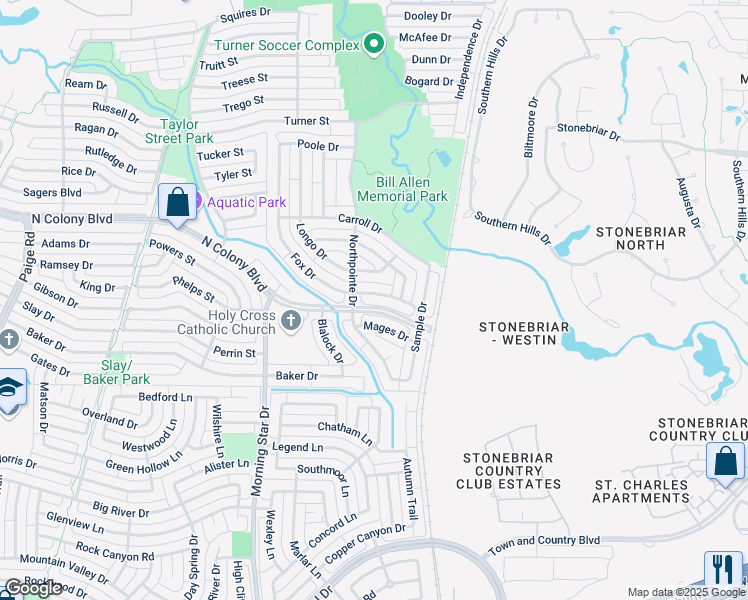 map of restaurants, bars, coffee shops, grocery stores, and more near 5904 Fox Drive in The Colony