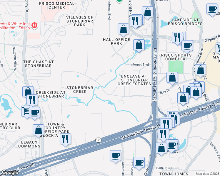 map of restaurants, bars, coffee shops, grocery stores, and more near 1 Fox Glen Run in Frisco