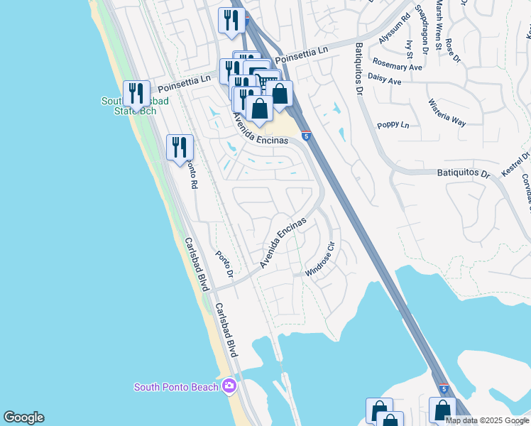 map of restaurants, bars, coffee shops, grocery stores, and more near 522 Wind Sock Way in Carlsbad
