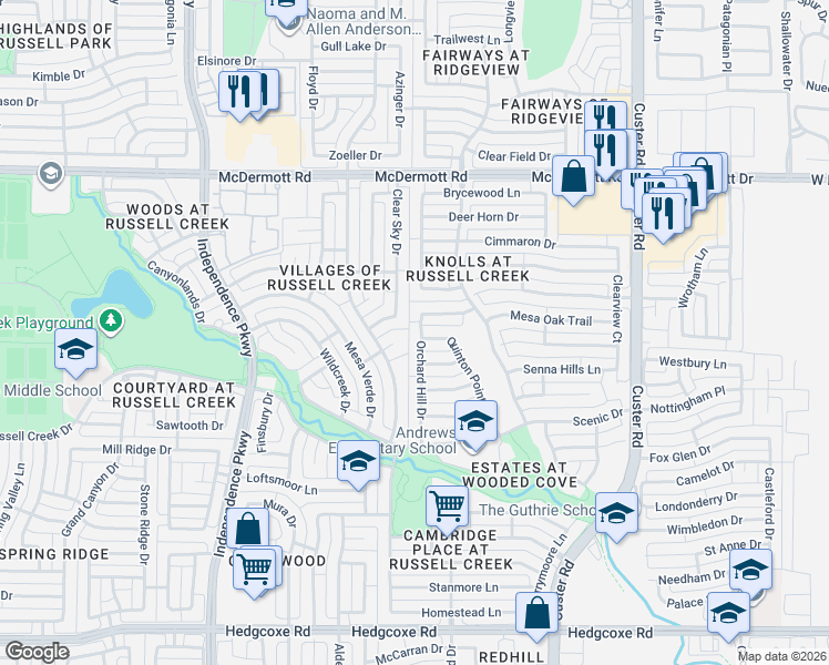 map of restaurants, bars, coffee shops, grocery stores, and more near 2600 Owl Creek Drive in Plano