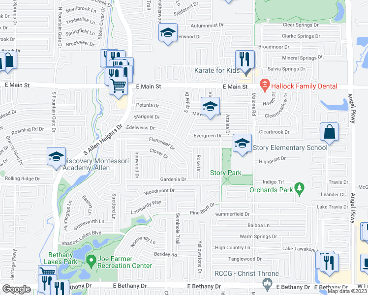 map of restaurants, bars, coffee shops, grocery stores, and more near 1509 Edelweiss Drive in Allen