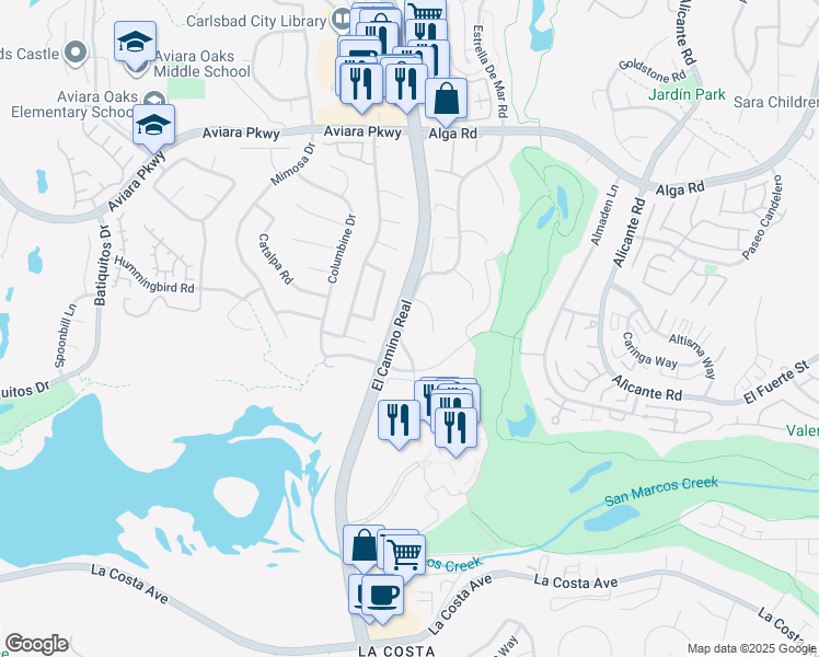 map of restaurants, bars, coffee shops, grocery stores, and more near 7234 Estrella De Mar Road in Carlsbad