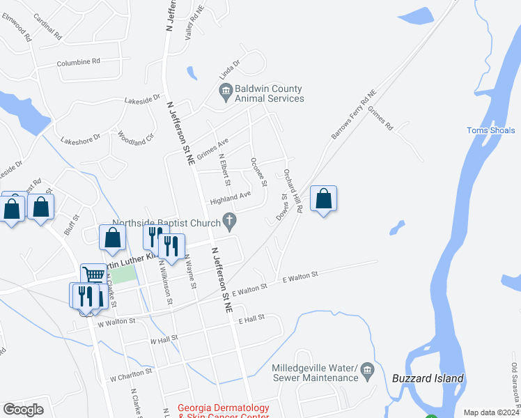map of restaurants, bars, coffee shops, grocery stores, and more near 1115 Oconee Street in Milledgeville