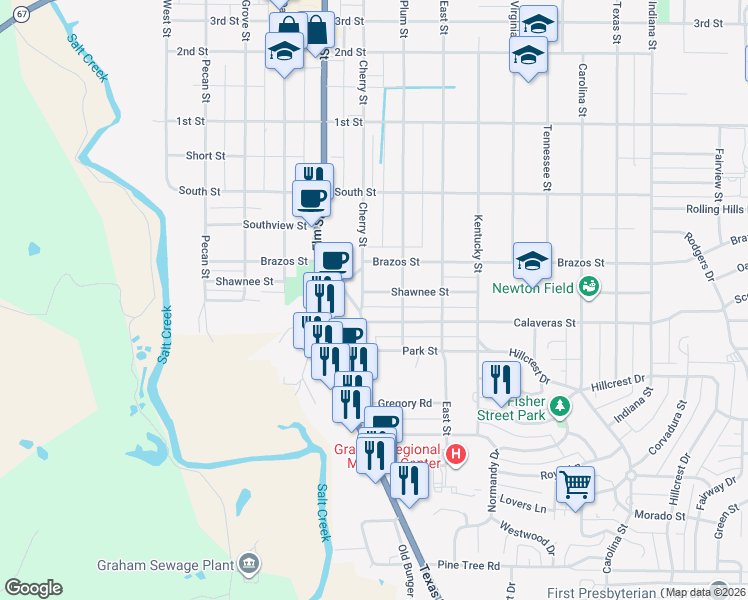 map of restaurants, bars, coffee shops, grocery stores, and more near 702 Shawnee Street in Graham