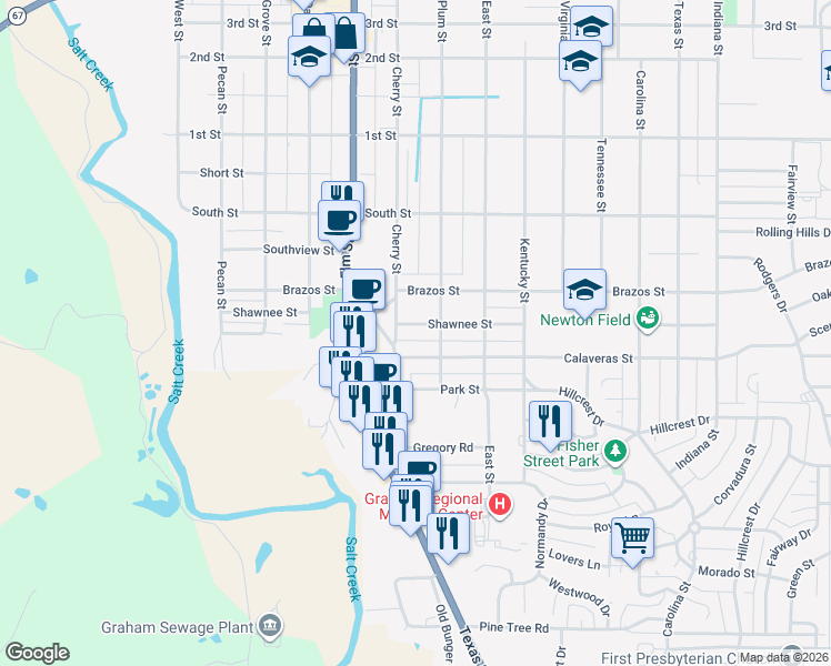 map of restaurants, bars, coffee shops, grocery stores, and more near 702 Shawnee Street in Graham