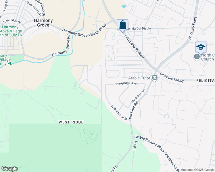 map of restaurants, bars, coffee shops, grocery stores, and more near 2114 Willowbrook Street in Escondido