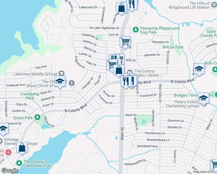 map of restaurants, bars, coffee shops, grocery stores, and more near 4691 North Colony Boulevard in The Colony