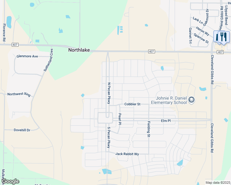 map of restaurants, bars, coffee shops, grocery stores, and more near 601 North Pecan Parkway in Northlake