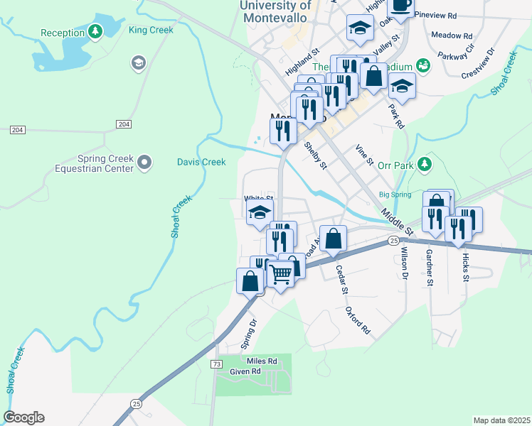 map of restaurants, bars, coffee shops, grocery stores, and more near 131 Ellis Street in Montevallo