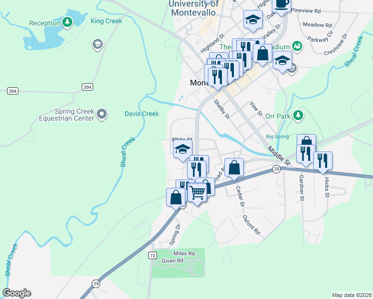 map of restaurants, bars, coffee shops, grocery stores, and more near 131 Ellis Street in Montevallo