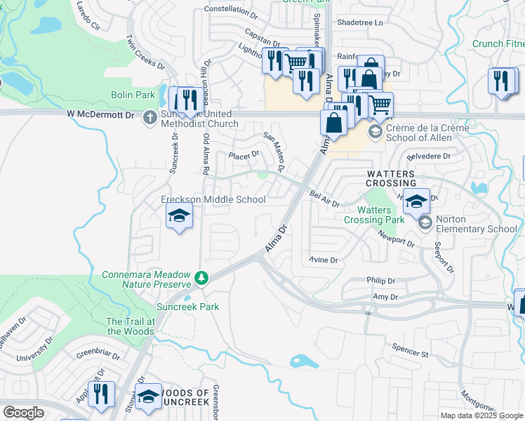 map of restaurants, bars, coffee shops, grocery stores, and more near 1318 Lincoln Court in Allen
