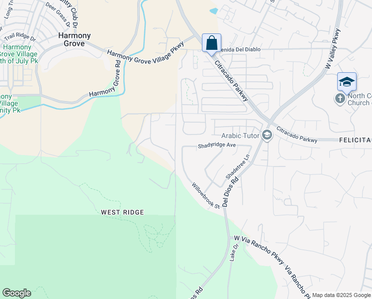 map of restaurants, bars, coffee shops, grocery stores, and more near 2114 Willowbrook Street in Escondido