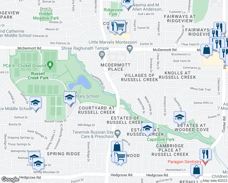 map of restaurants, bars, coffee shops, grocery stores, and more near 3001 Bryce Canyon Drive in Plano