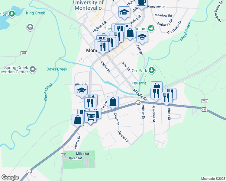 map of restaurants, bars, coffee shops, grocery stores, and more near 281 Commerce Street in Montevallo