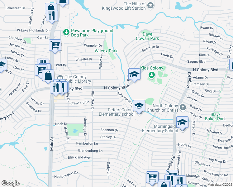 map of restaurants, bars, coffee shops, grocery stores, and more near 5061 Ashlock Drive in The Colony