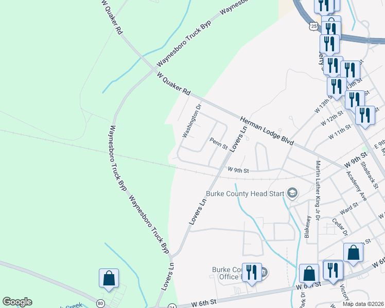 map of restaurants, bars, coffee shops, grocery stores, and more near 913 Kingston Drive in Waynesboro