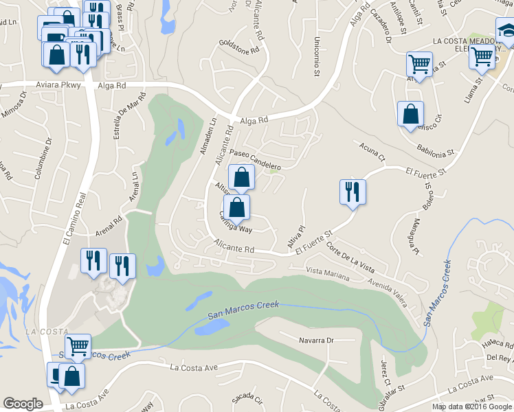 map of restaurants, bars, coffee shops, grocery stores, and more near 2308 Altisma Way in Carlsbad