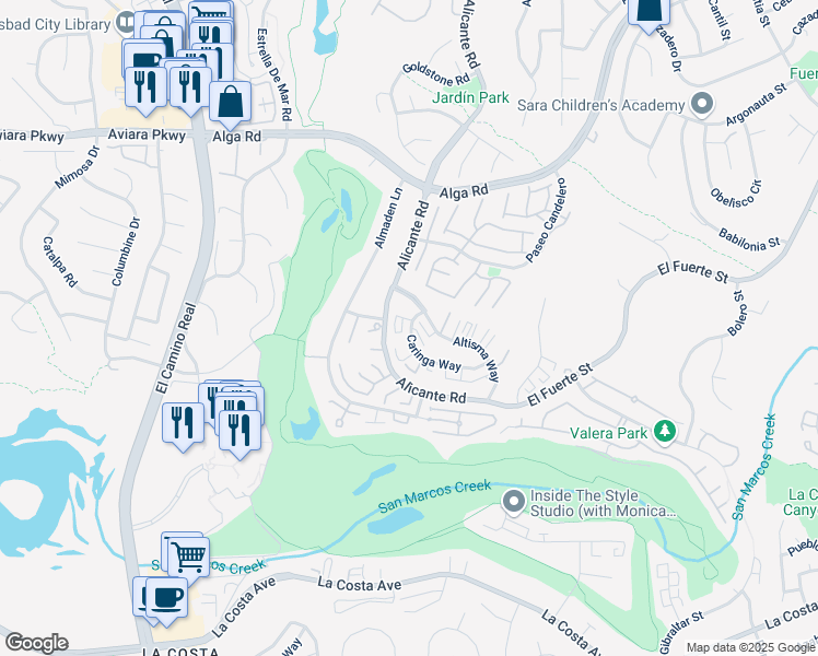 map of restaurants, bars, coffee shops, grocery stores, and more near 2305 Altisma Way in Carlsbad