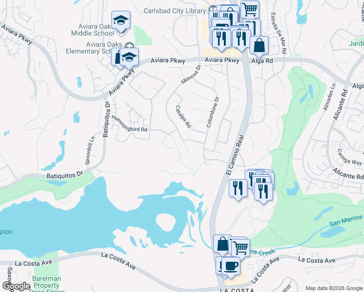 map of restaurants, bars, coffee shops, grocery stores, and more near 7252 Mimosa Drive in Carlsbad